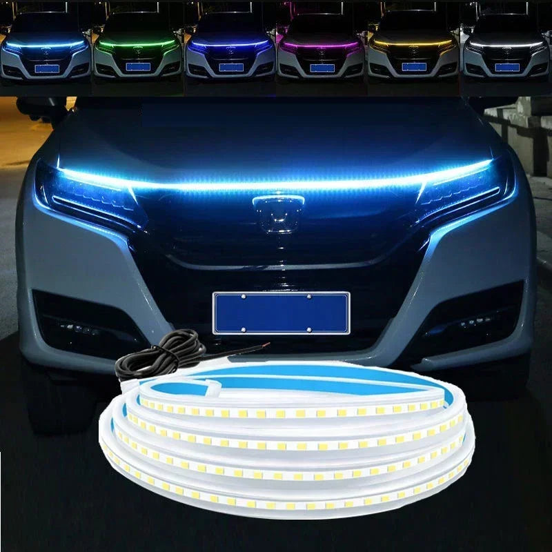 إضاءة LED نهارية للسيارة DRL مع ضوء إشارة الانعطاف، شريط إضاءة تزييني لغطاء محرك السيارة مع مسح بدء تشغيل ديناميكي متوهج 12 فولت