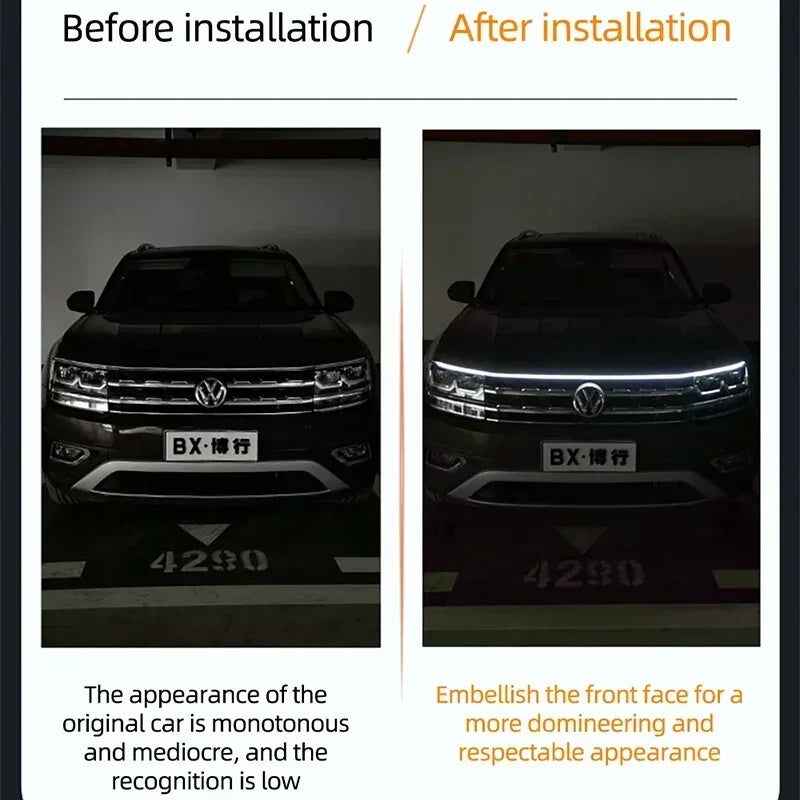 إضاءة LED نهارية للسيارة DRL مع ضوء إشارة الانعطاف، شريط إضاءة تزييني لغطاء محرك السيارة مع مسح بدء تشغيل ديناميكي متوهج 12 فولت