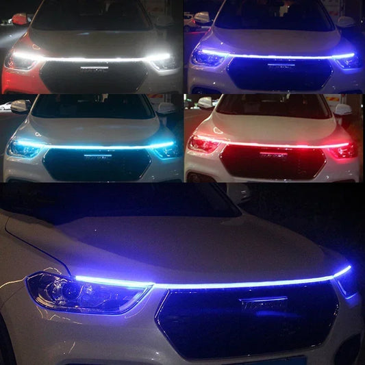 إضاءة LED نهارية للسيارة DRL مع ضوء إشارة الانعطاف، شريط إضاءة تزييني لغطاء محرك السيارة مع مسح بدء تشغيل ديناميكي متوهج 12 فولت