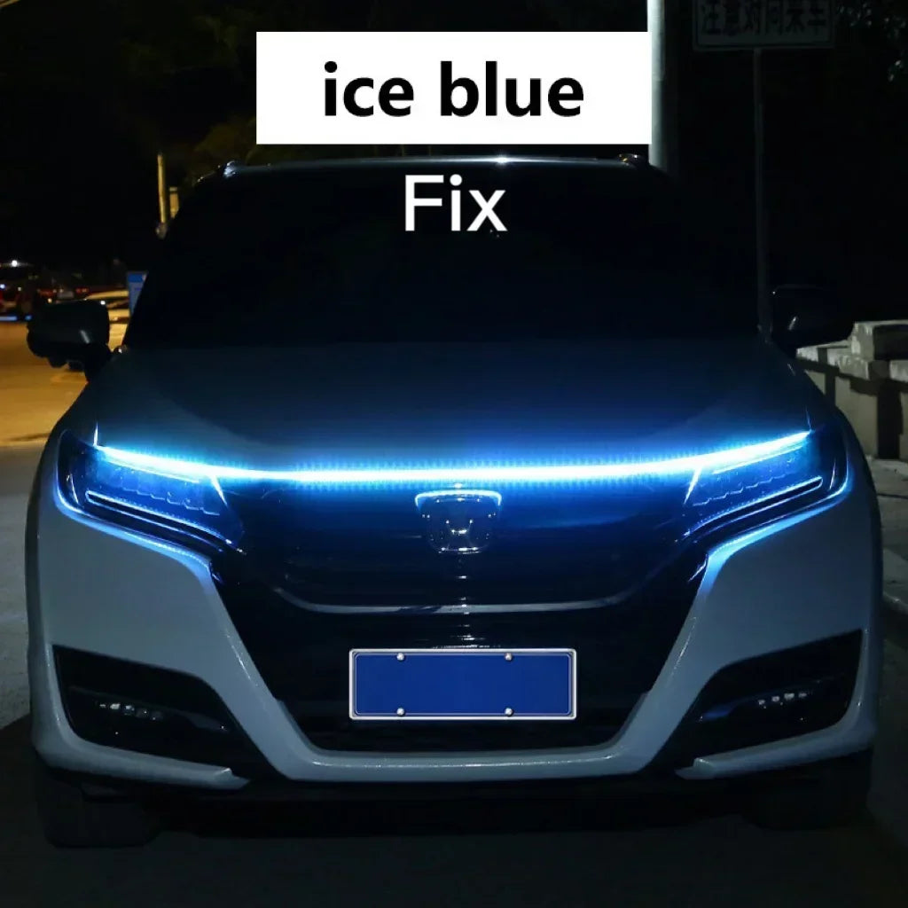 إضاءة LED نهارية للسيارة DRL مع ضوء إشارة الانعطاف، شريط إضاءة تزييني لغطاء محرك السيارة مع مسح بدء تشغيل ديناميكي متوهج 12 فولت