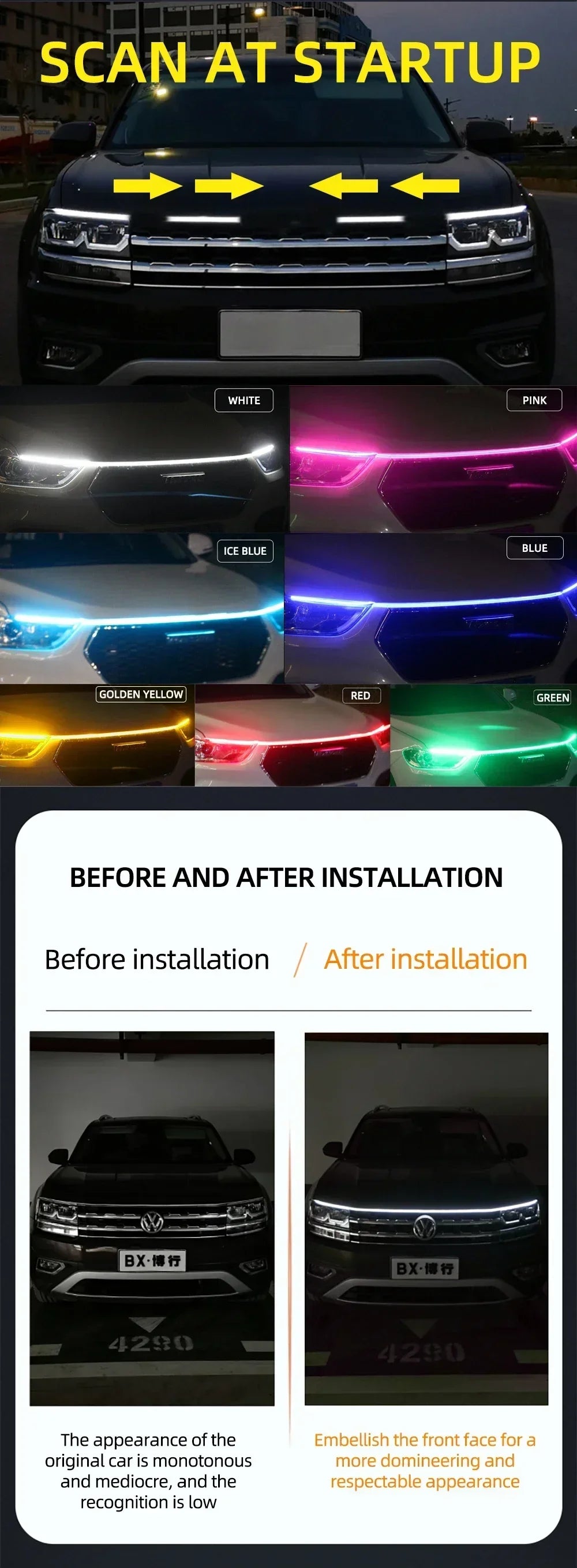 إضاءة LED نهارية للسيارة DRL مع ضوء إشارة الانعطاف، شريط إضاءة تزييني لغطاء محرك السيارة مع مسح بدء تشغيل ديناميكي متوهج 12 فولت